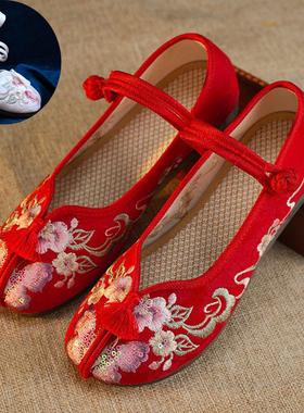 北京女绣花鞋平底牛筋底汉服民族风春秋单鞋中国风复古跳舞鞋软底