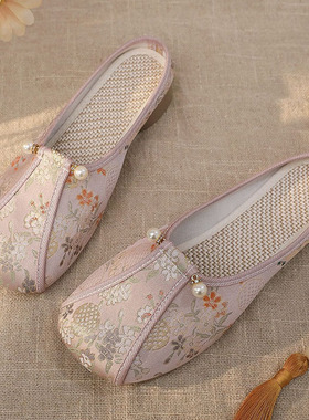 民族国风复古女拖鞋外穿居家室内包头布拖新中式古风汉服鞋平底