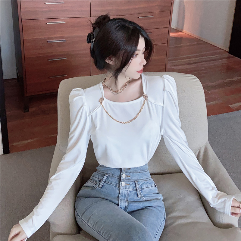 Real shot design bubble sleeve Necklace backing long sleeve T-shirt fashion top real price