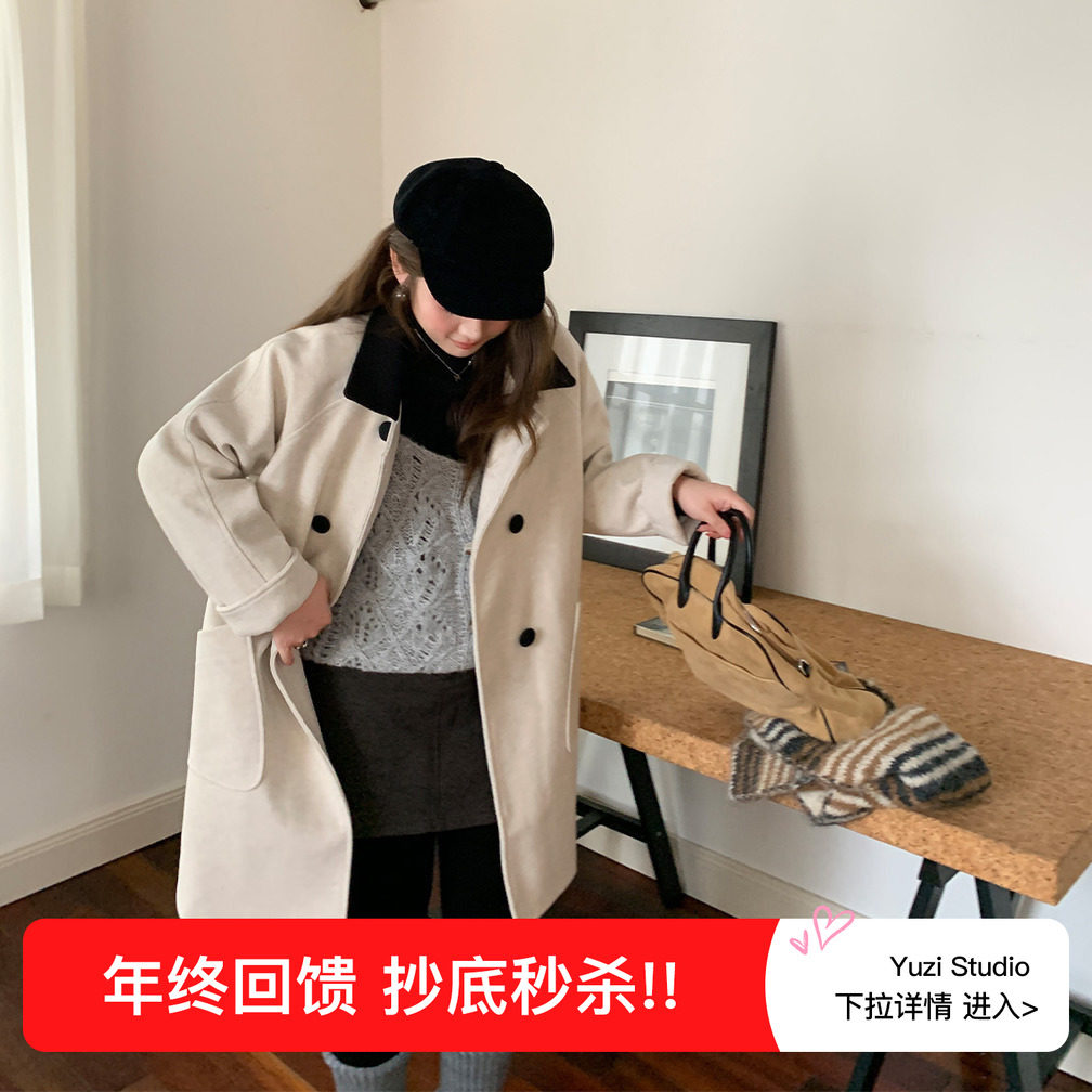 YUZI鱼子夹棉毛呢大衣特大码女装双排扣中长款撞色领米白外套胖mm