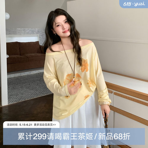 YUZI鱼子法式斜肩长袖T恤大码女