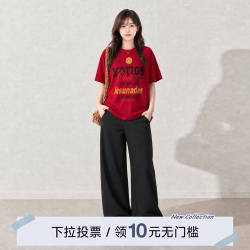 YUZI鱼子复古美式红色短袖T恤