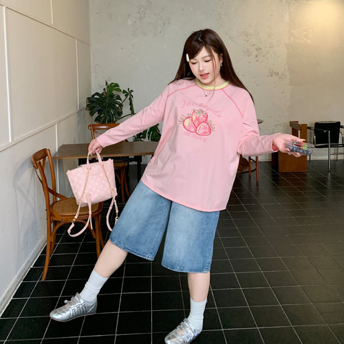 YUZI鱼子草莓长袖T恤撞色大码