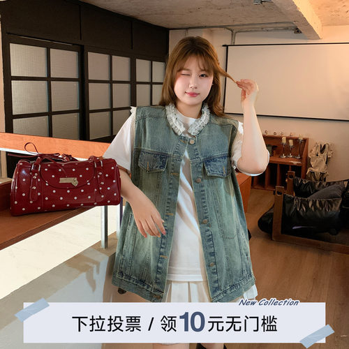 YUZI鱼子复古牛仔马甲微胖大码女