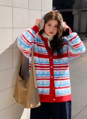YUZI复古条纹针织开衫红蓝撞色软糯亲肤温柔宽松秋冬毛衣大码女装