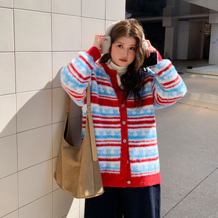 女装 YUZI复古条纹针织开衫 红蓝撞色软糯亲肤温柔宽松秋冬毛衣大码