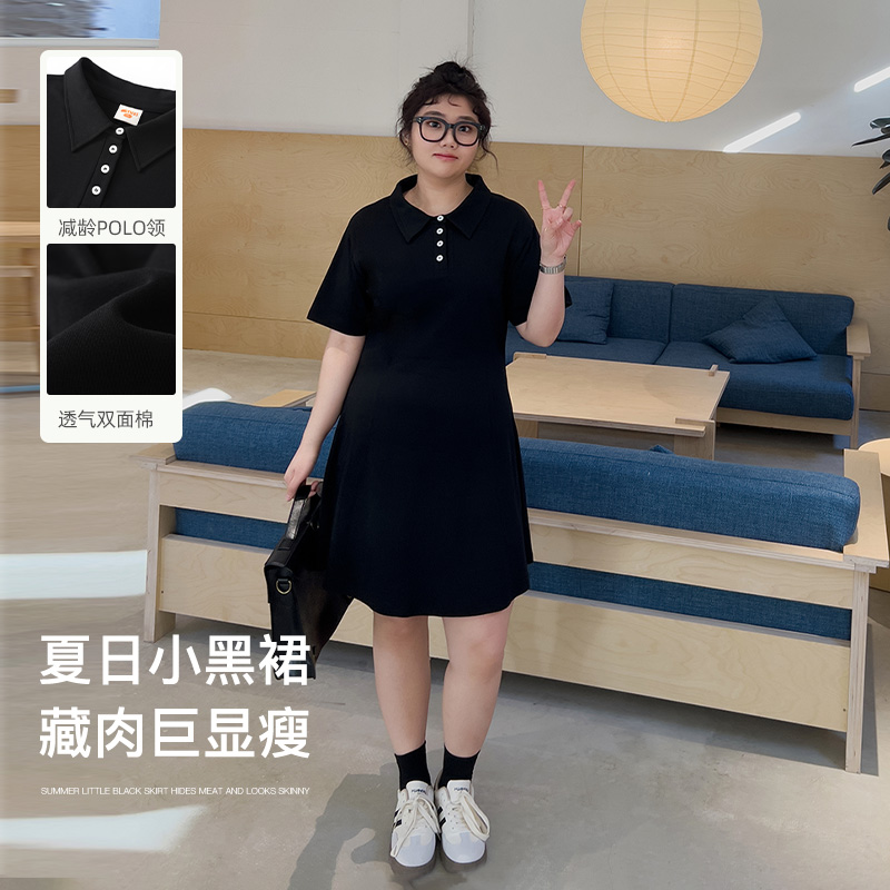 YUZI鱼子polo领连衣裙子大码女装收腰显瘦遮肉200斤双面棉腰精裙