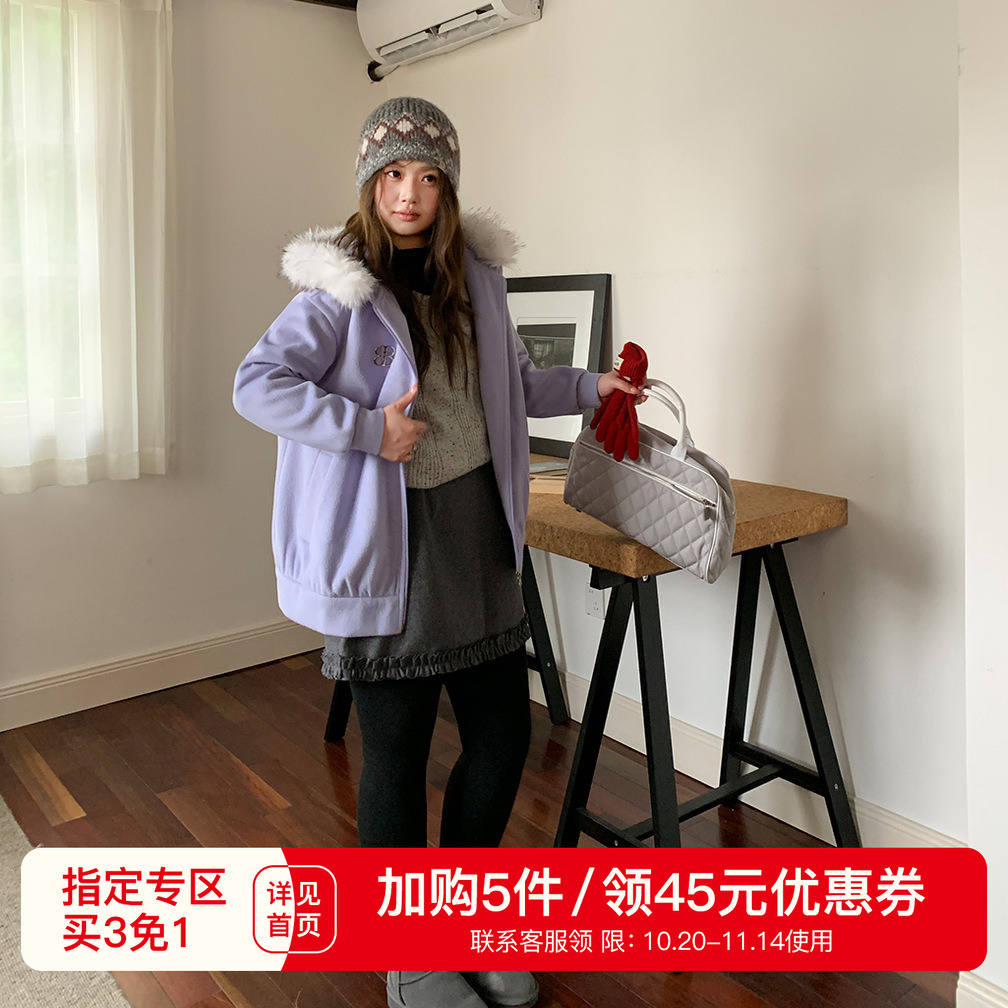 YUZI毛绒连帽毛领卫衣外套大码女