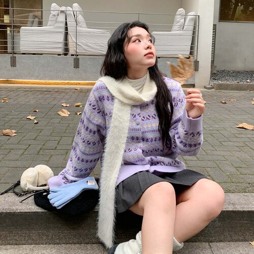 YUZI鱼子条纹费尔岛针织开衫大码