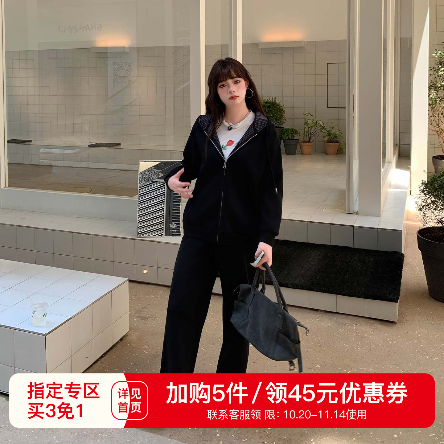 YUZI鱼子拉链连帽卫衣大码简约