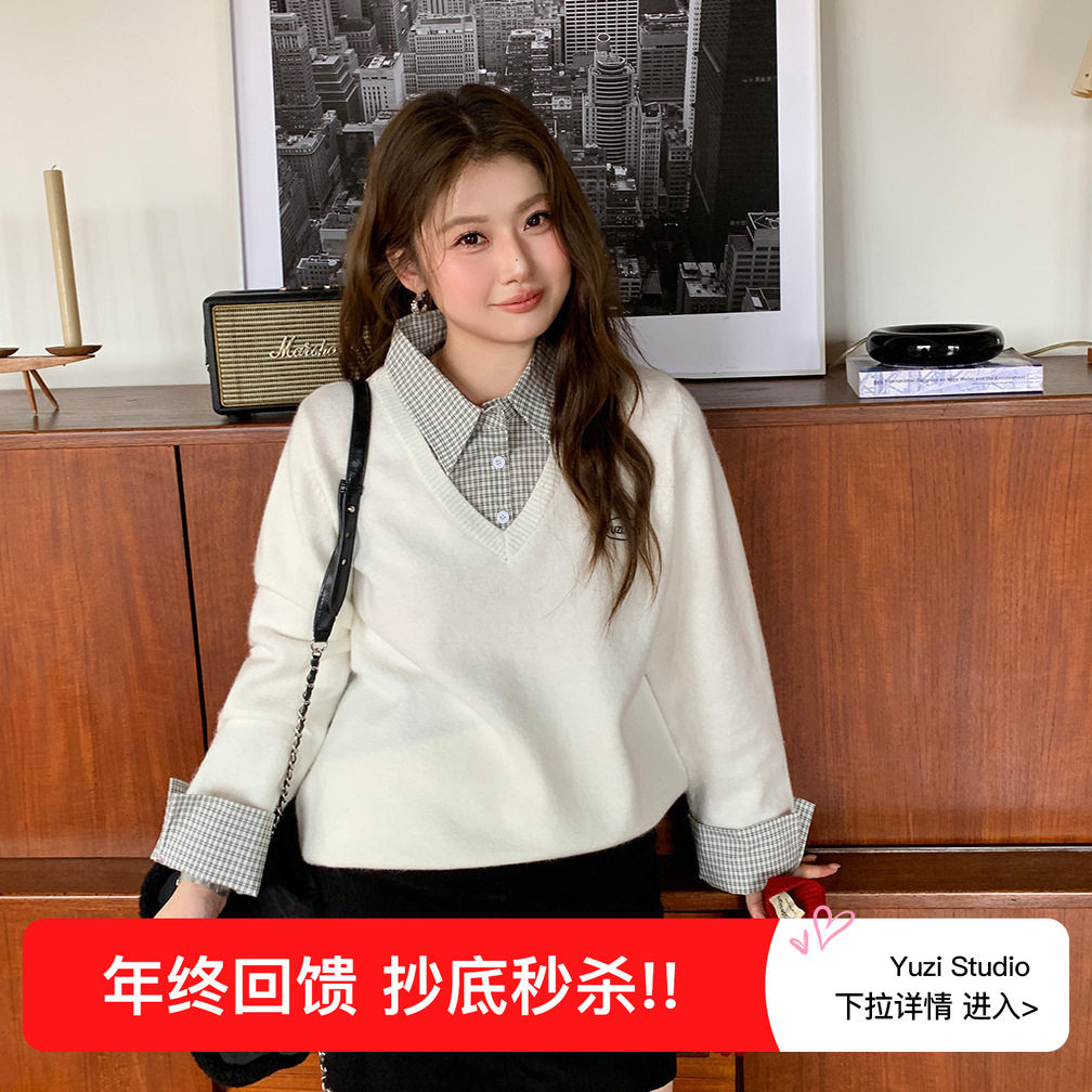 YUZI鱼子假两件针织衫上衣特大码女装正肩减龄宽松毛衣秋冬胖mm,女装/女士精品,大码内搭,淘宝优惠券,粉丝福利购,淘宝优惠卷