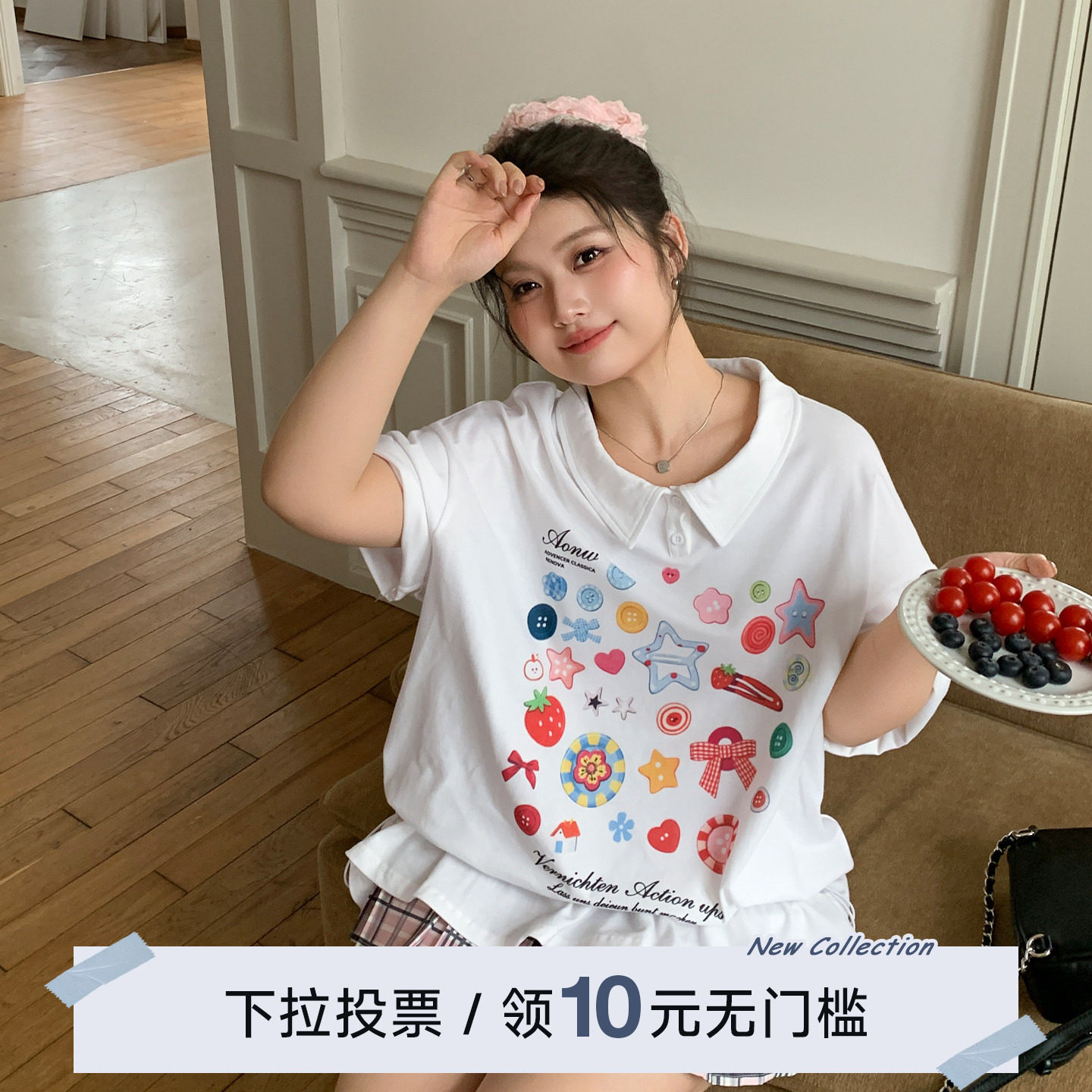 YUZI鱼子韩版卡通印花Polo领短袖白色翻领设计感甜美上衣大码女装