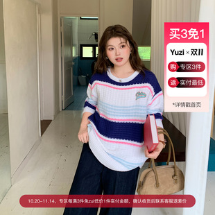 秋冬胖mm 复古温柔减龄宽松落肩袖 YUZI鱼子蓝粉撞色毛衣特大码 女装