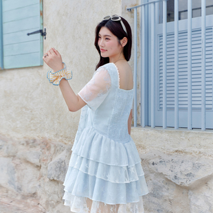 YUZI鱼子蝴蝶结星星蛋糕裙连衣裙小个子仙气短袖夏日裙装大码女