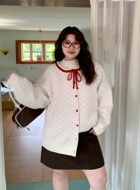 YUZI鱼子红波点复古针织开衫特大码女装胖mm少女宽松软糯圆领毛衣