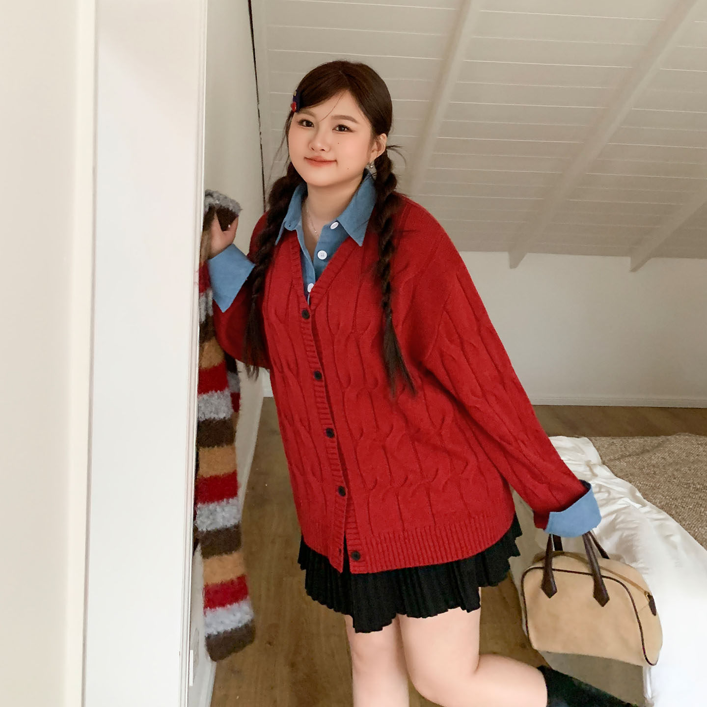 YUZI假两件针织开衫新年红色上衣衬衫领毛衣宽松甜美减龄大码女装,女装/女士精品,常规大码外套,淘宝优惠券,粉丝福利购,淘宝优惠卷