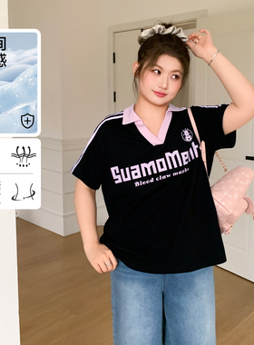 YUZI鱼子美式polo领短袖T恤学院风黑粉撞色显瘦遮肉百搭大码女装
