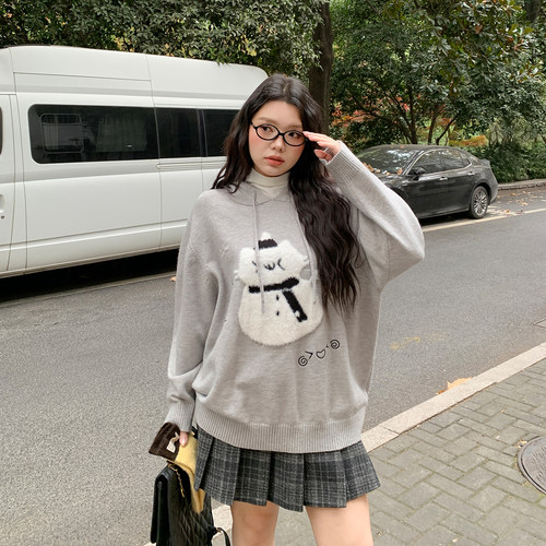 YUZI鱼子灰色连帽雪人针织衫大码