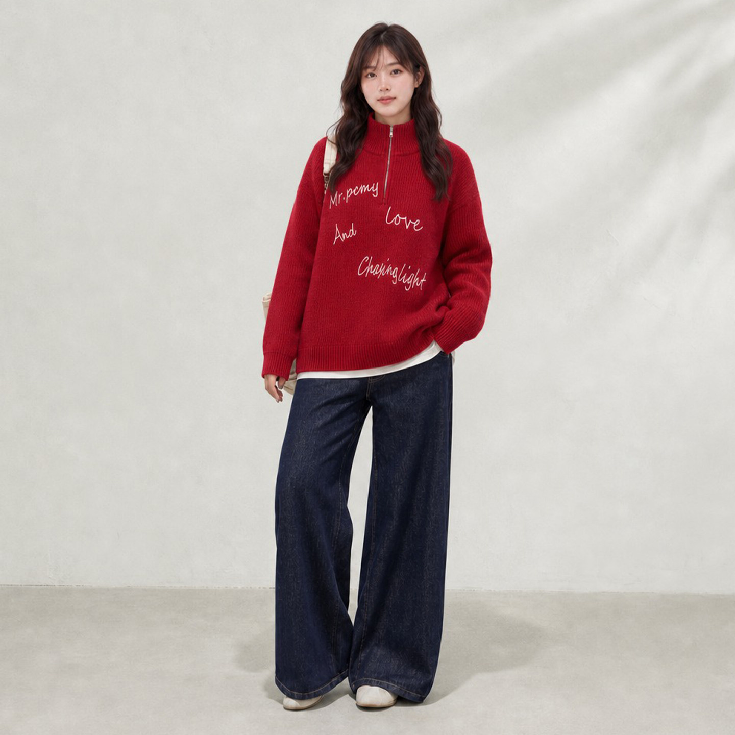YUZI鱼子半拉链红色毛衣字母刺绣文艺宽松显瘦复古微胖大码女装