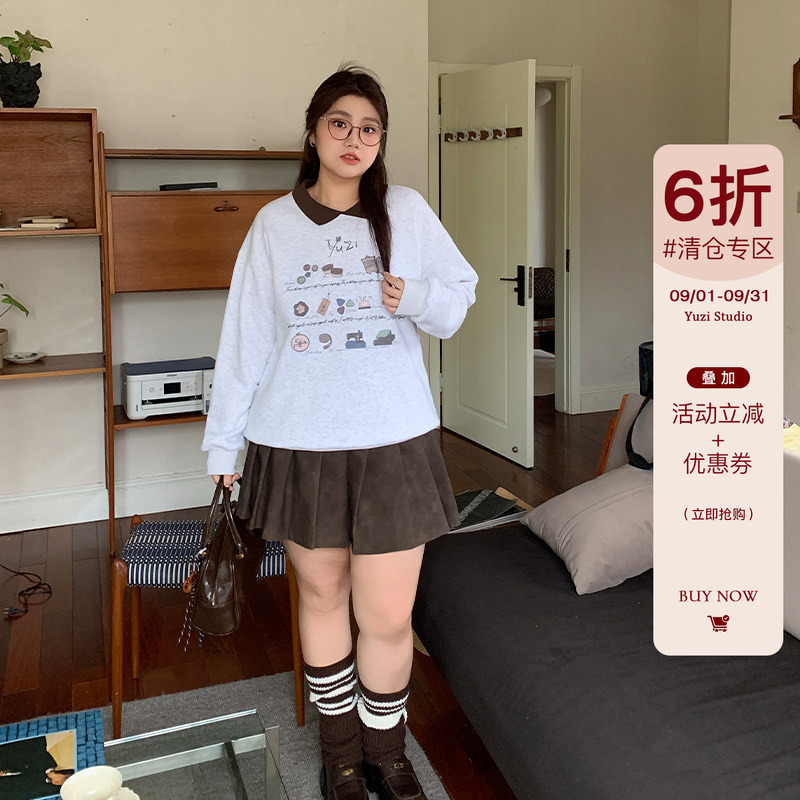 YUZI鱼子撞色POLO翻领卫衣印花