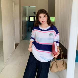 秋冬胖mm 复古温柔减龄宽松落肩袖 YUZI鱼子蓝粉撞色毛衣特大码 女装