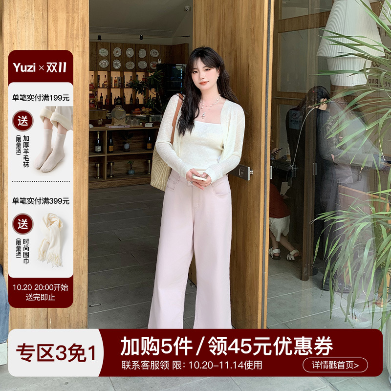 YUZI鱼子美式复古阔腿牛仔裤高腰