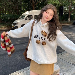 YUZI加绒豹纹猫咪卫衣连帽童趣可爱灰色宽松落肩秋冬上衣大码 女装