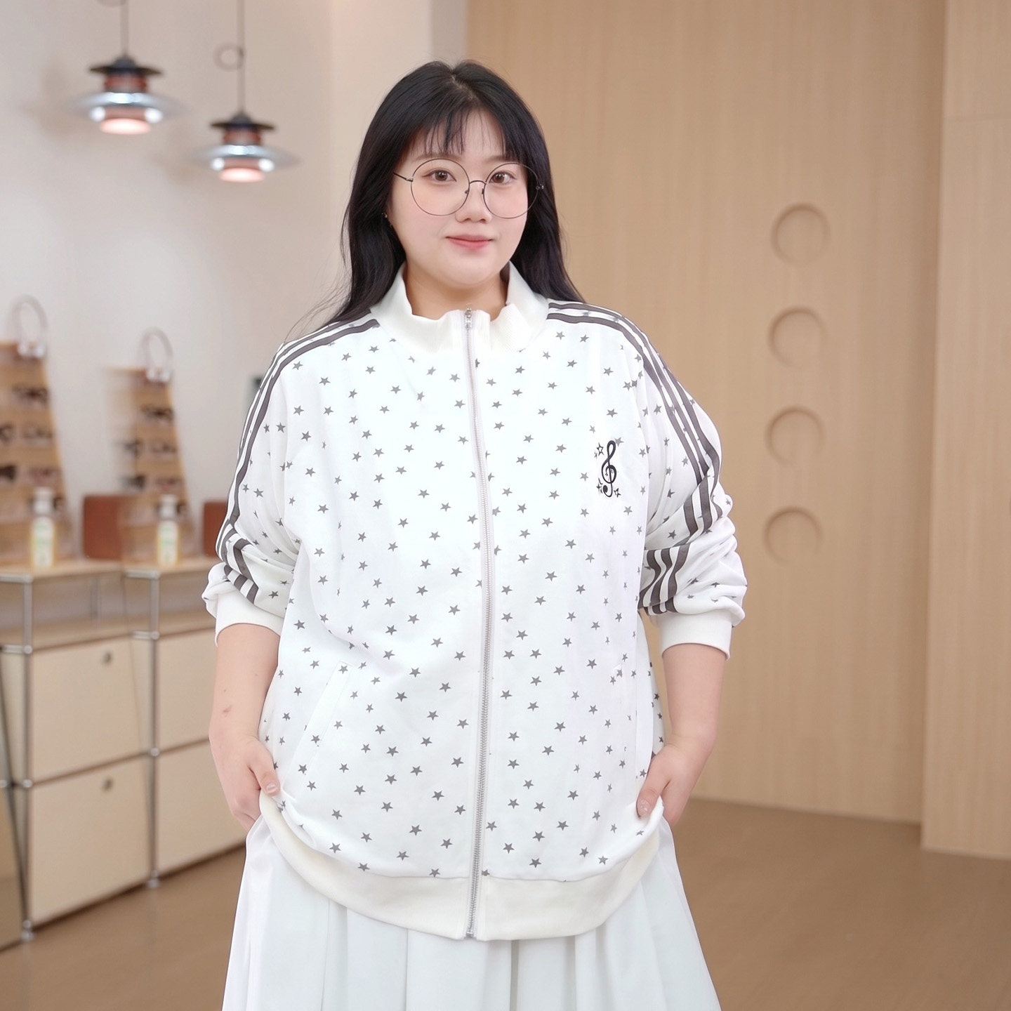 YUZI鱼子满印星星三条杠外套拉链小立领学院风韩系微胖大码女装