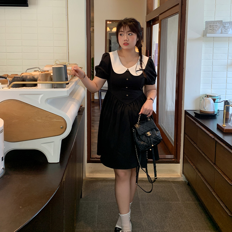 YUZI鱼子连衣裙子泡泡袖大码女装微胖mm妹收腰显瘦遮肉200斤韩系