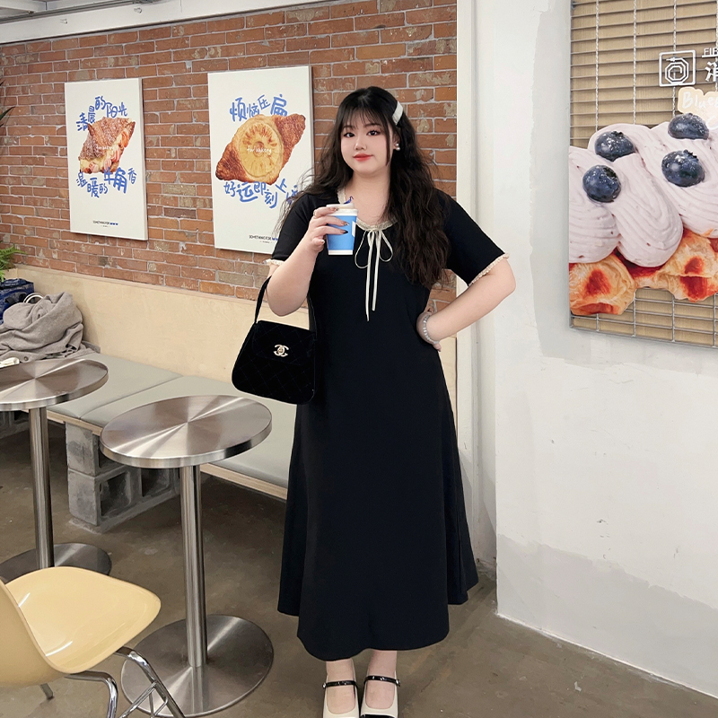 YUZI鱼子法式赫本风连衣裙子大码女装夏微胖mm褶皱收腰显瘦遮肉