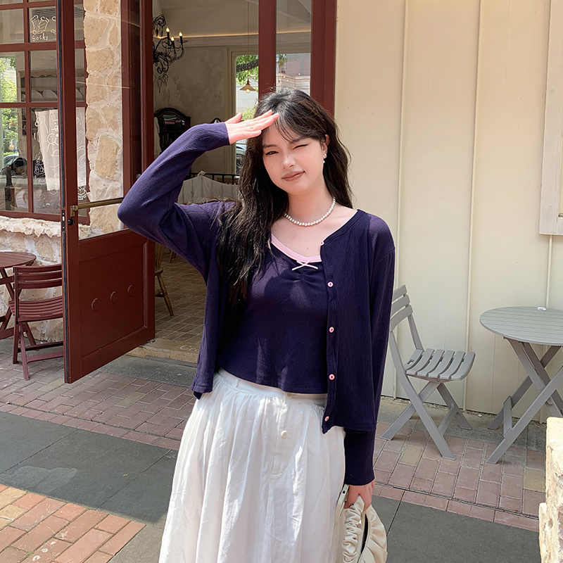 YUZI鱼子坑条弹力套装大码女装夏微胖mm显瘦遮肉短款背心正肩开衫