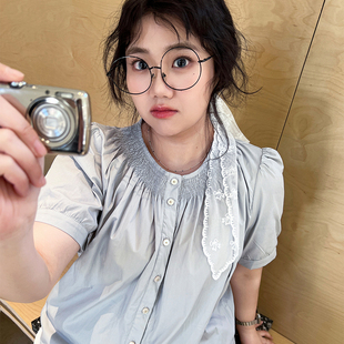 微胖mm显瘦遮肉泡泡袖 YUZI鱼子韩版 女装 正肩打揽领衬衫 甜美 大码