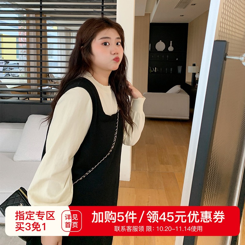 YUZI大码毛织连衣裙假两件