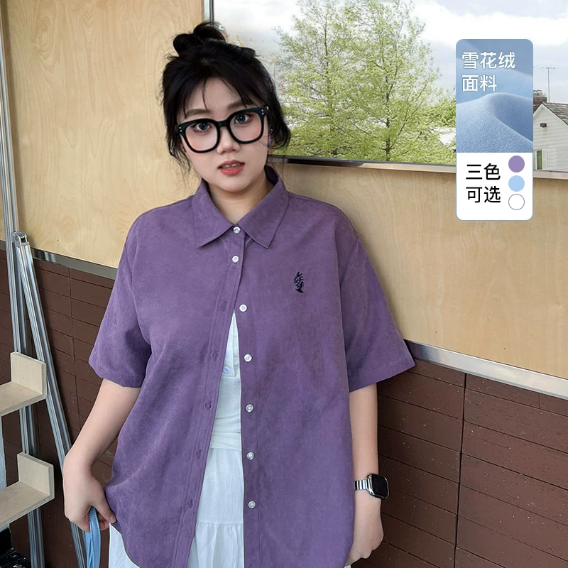 [YUZI鱼子落肩翻领短袖衬衫大码女装夏季微胖mm显瘦遮肉通勤休假]