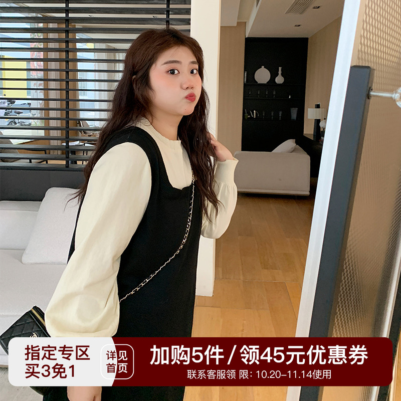 YUZI大码毛织连衣裙假两件