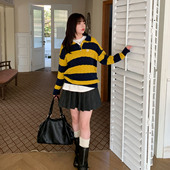 女装 YZUI鱼子复古条纹拼接polo领毛衣美式 学院风慵懒套头上衣大码
