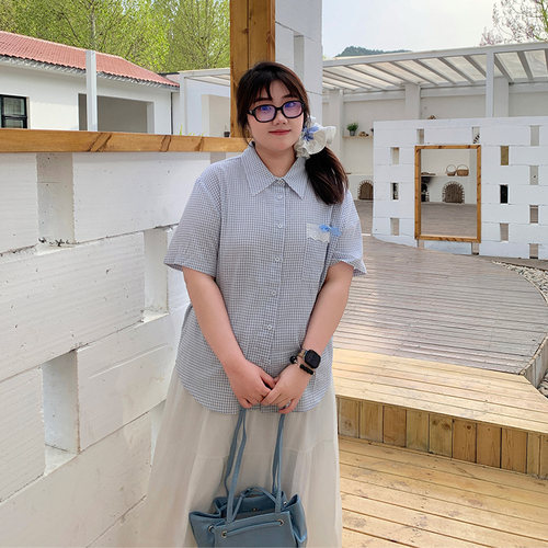 YUZI鱼子格纹短袖衬衫清新自然