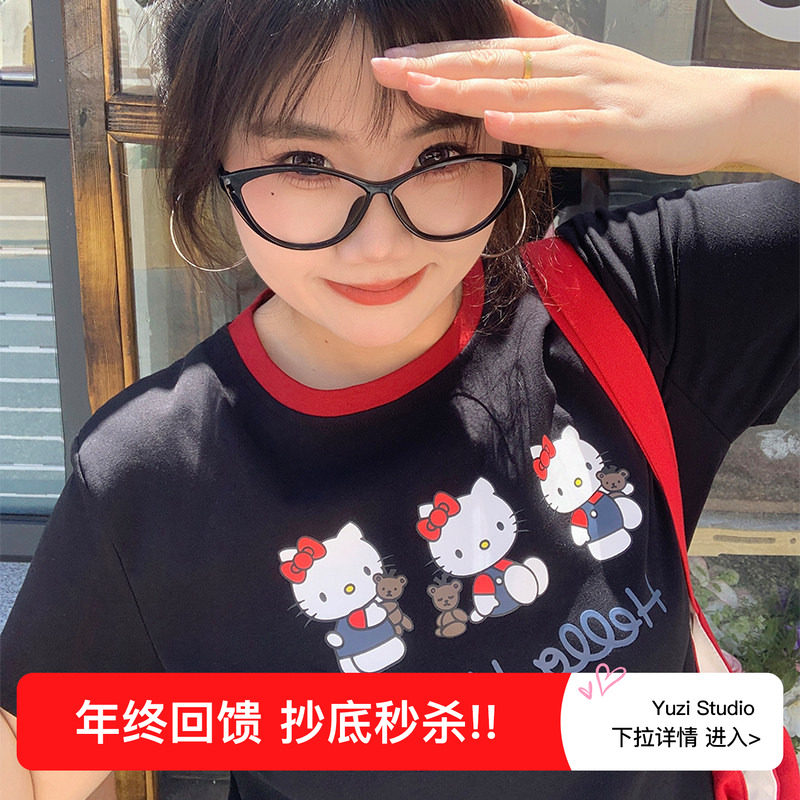YUZI鱼子KT猫印花短款T恤大码女装夏微胖mm显瘦遮肉200斤俏皮减龄,女装/女士精品,大码内搭,淘宝优惠券,粉丝福利购,淘宝优惠卷
