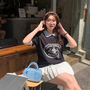 YUZI鱼子POLOT恤短袖 微胖mm妹显瘦遮肉撞色设计 亲肤舒适大码 女装