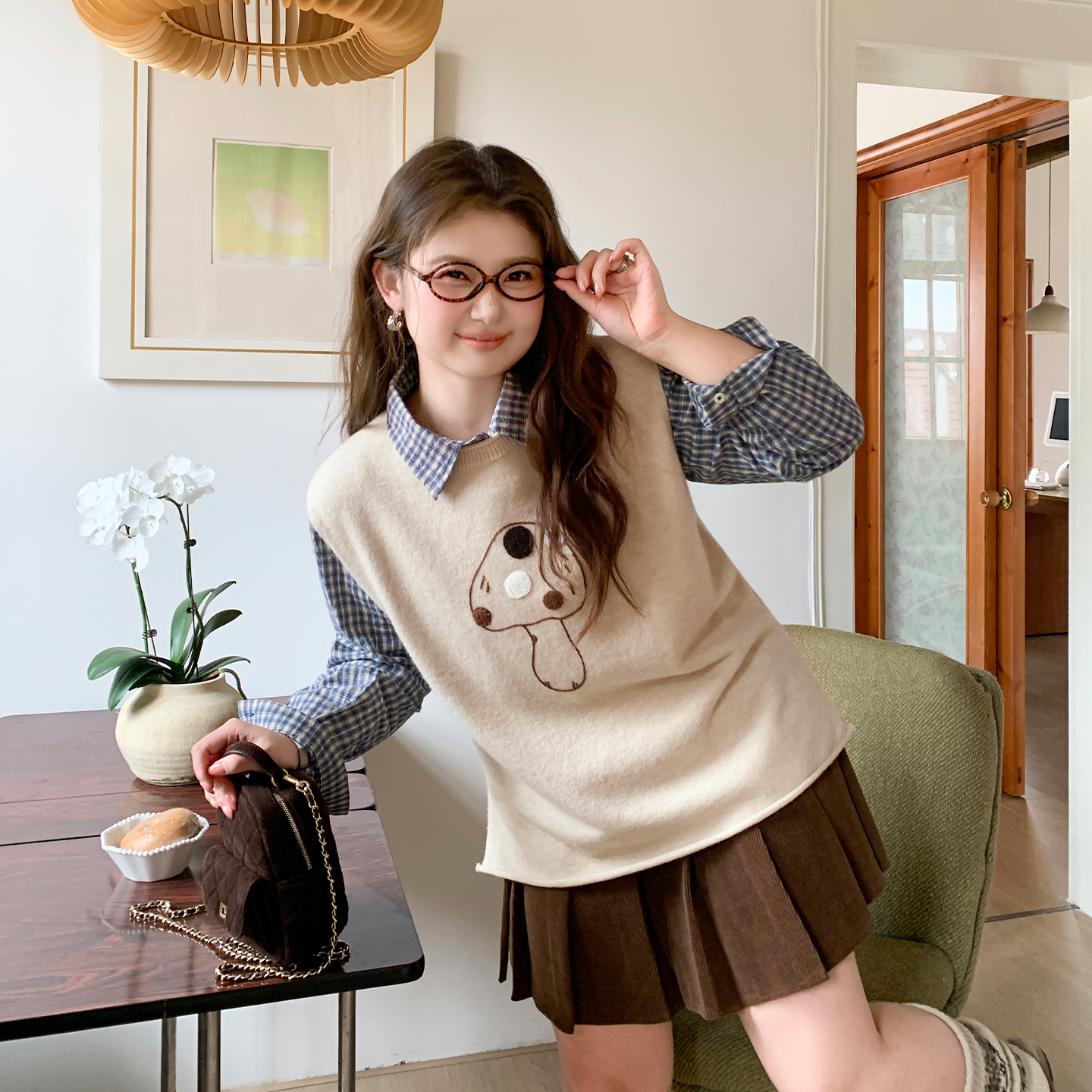 YUZI鱼子羊毛混纺刺绣马甲特大码