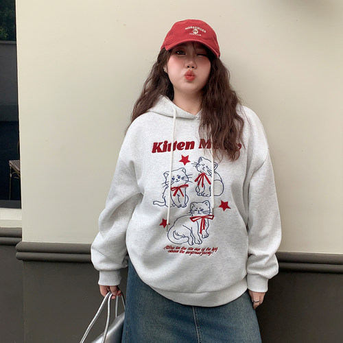 YUZI鱼子连帽花灰色印花大码卫衣