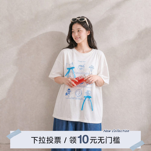 YUZI鱼子休闲蝴蝶结印花短袖T恤