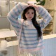 YUZI鱼子条纹马海毛毛衣粉蓝撞色甜酷宽松慵懒软糯减龄大码 女装