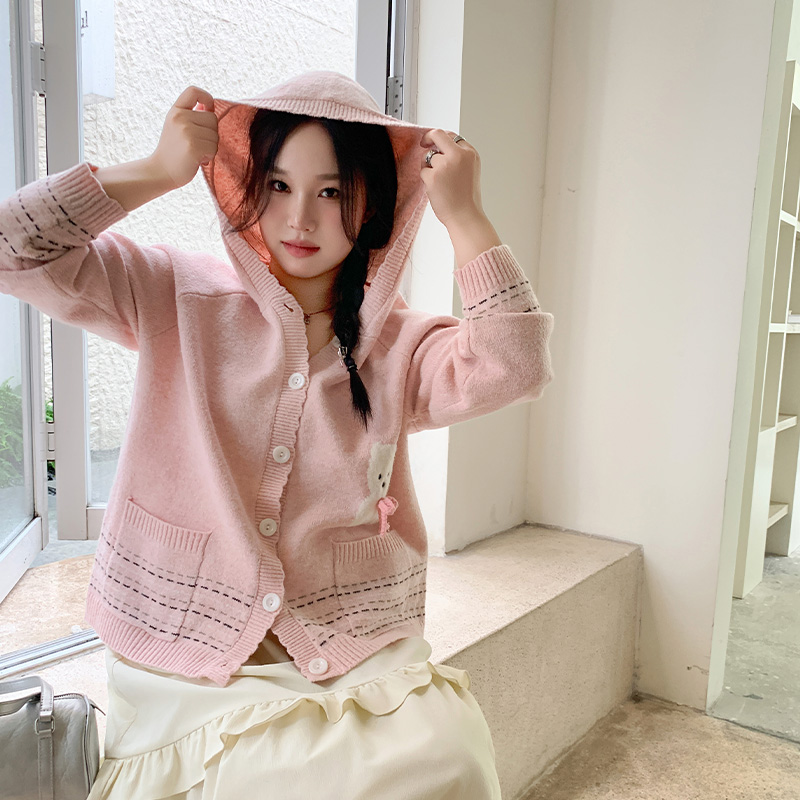 YUZI鱼子小狗连帽针织开衫甜美