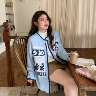 秋冬蓝色提花毛衣外套气质 女装 YUZI鱼子针织开衫 韩系童趣减龄大码