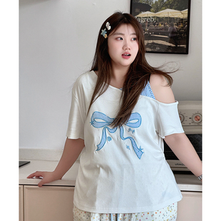 YUZI鱼子蝴蝶结刺绣斜肩短袖t恤夏甜美收腰显瘦百搭上衣大码女装