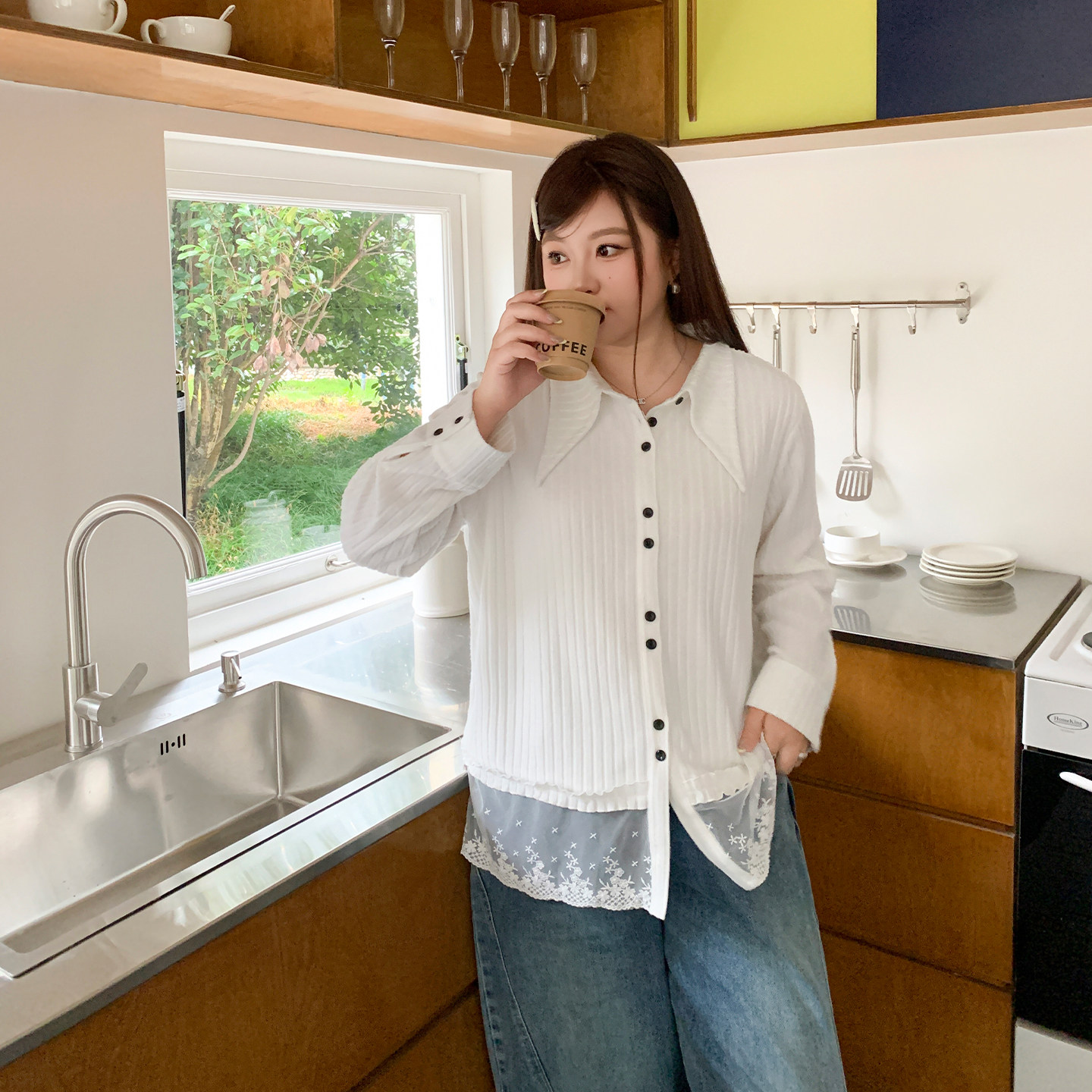 YUZ I鱼子蕾丝拼接衬衫设计感竖纹撞色纽扣长袖显瘦上衣大码女装,女装/女士精品,大码内搭,淘宝优惠券,粉丝福利购,淘宝优惠卷