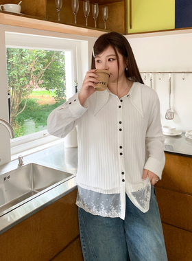 YUZ I鱼子蕾丝拼接衬衫设计感竖纹撞色纽扣长袖显瘦上衣大码女装