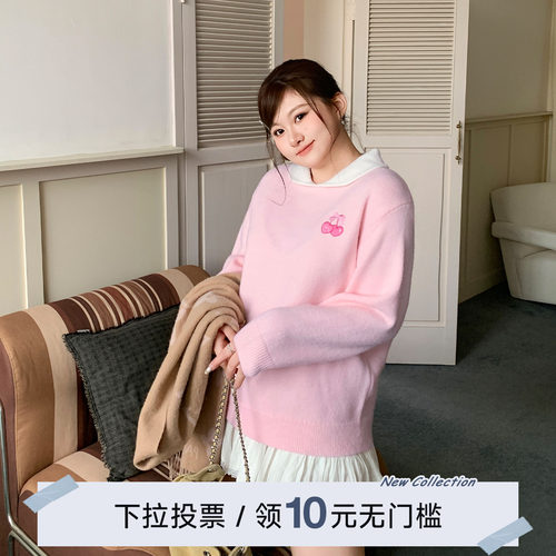 YUZI鱼子韩系甜美樱桃刺绣针织衫