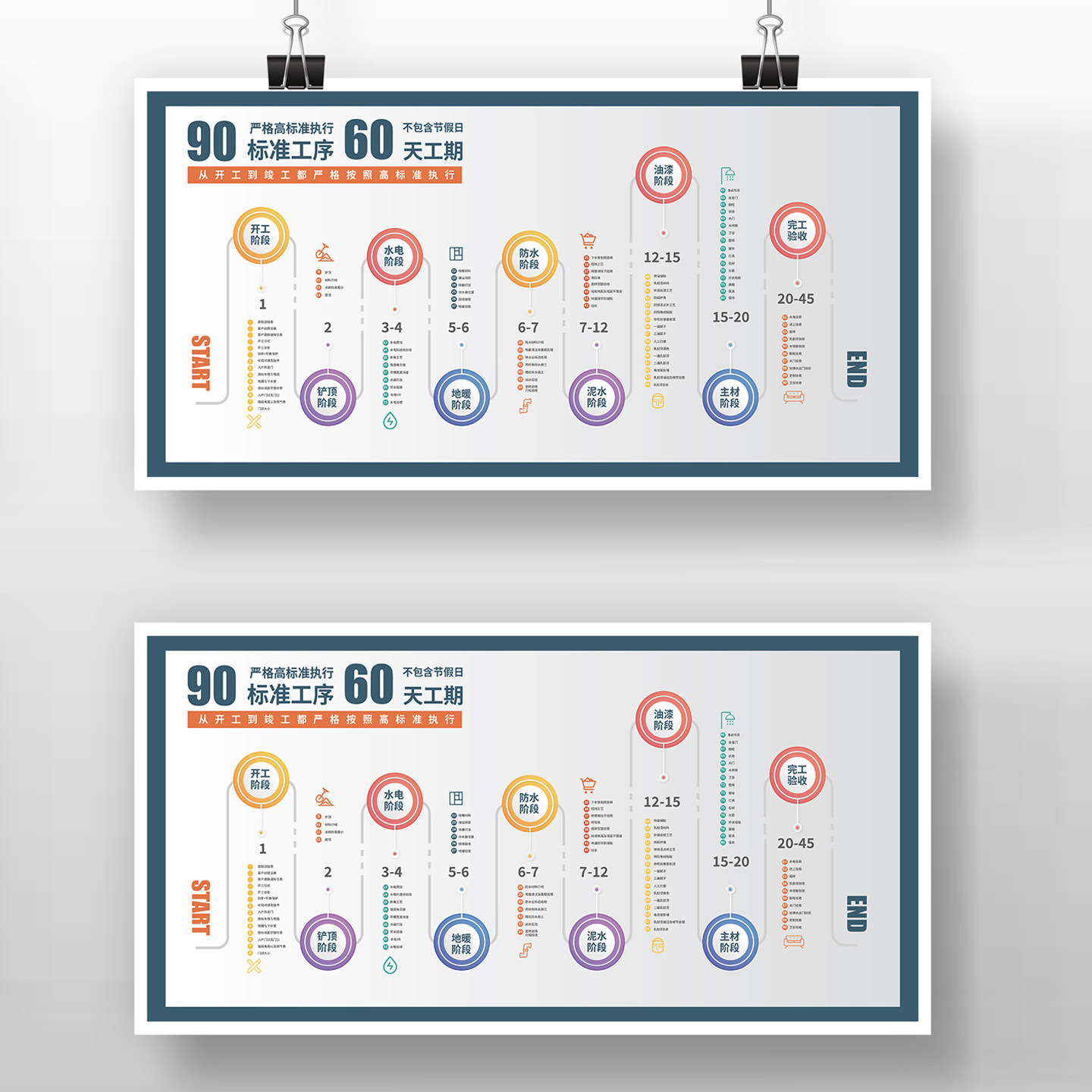 装饰公司装修施工流程图电子版模板AI源文件90天标准工期工艺节点